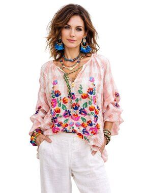 See And Be Seen Pink Plaid Embroidered Boho Artsy Tunic Top Floral Design Women